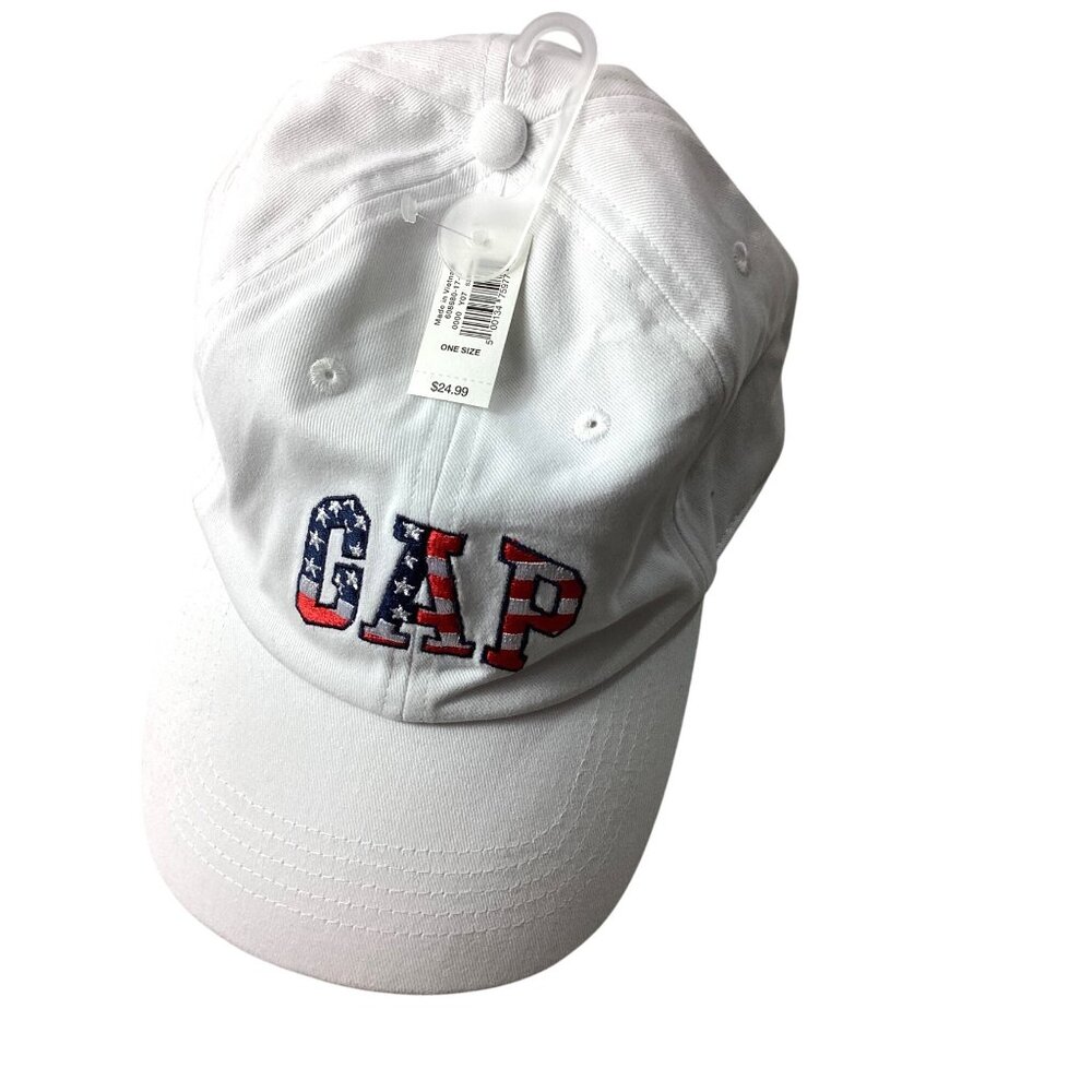 GAP White Baseball Cap W/USA Flag Letters Embroidery*Adj Strap*100% Cotton*NWT